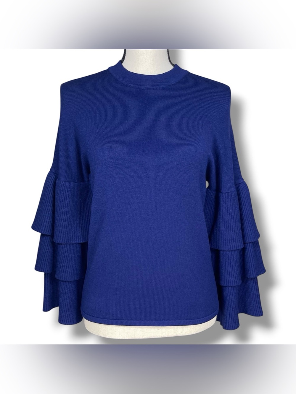 Penelope Leroy Paris Royal Blue Soft Knit Sweater Tiered Ruffle Sleeve Luxe, S